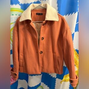 SHEIN Peachy Orange Oversized Cropped Pea Coat with Cream Collar
